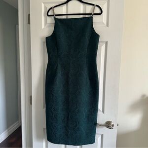 Size 12 Alysi Dark Teal Patterned Formal Mid Dress Gown with Chain Strap Detail